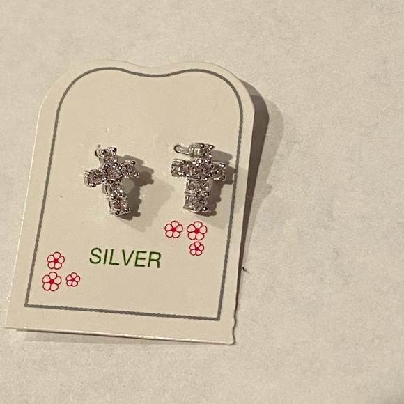 Small Sterling Silver Cross screw Back Earrings - Picture 3 of 9
